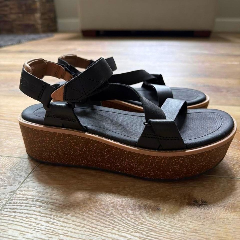 Teva Madera Black Leather Cork Wedge Sandals Strappy Open Toe Platform Size 6